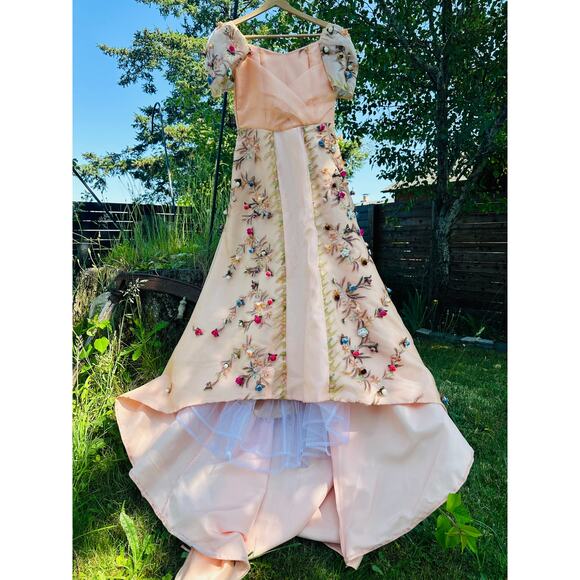 Vintage Handmade Ball Gown Handpainted 3 D Roses Fits size M 8 Full Train Peach - Picture 2 of 16